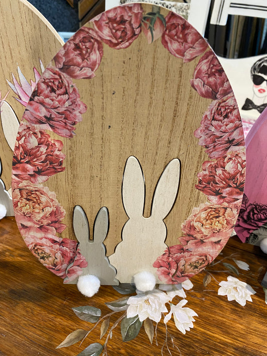 Happy Easter Wooden egg and cutout bunnies